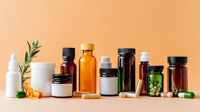 A variety of bottled health supplements arranged neatly on a soft orange background
