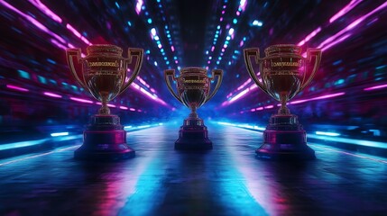 Three Golden Trophies in Neon Lit Tunnel