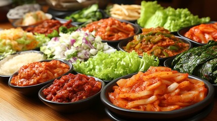 Obraz premium Assorted Korean Banchan Side Dishes in Bowls