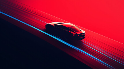 Red background, car driving on the highway at high speed, blue light trails, motion blur effect, red tone, car silhouette in the center of the composition