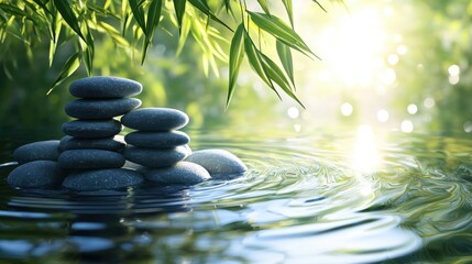 Fototapeta premium A stack of rocks is floating on top of the water