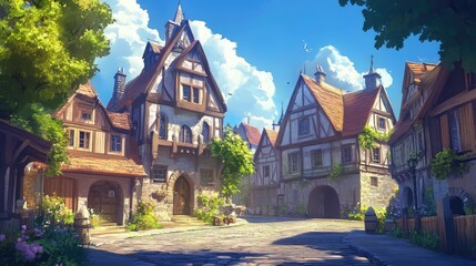 Naklejka premium Fantasy medieval street scene with charming half-timbered houses, cobblestone paths, and lush greenery under a bright blue sky. Ideal for game design, storytelling, and creative projects