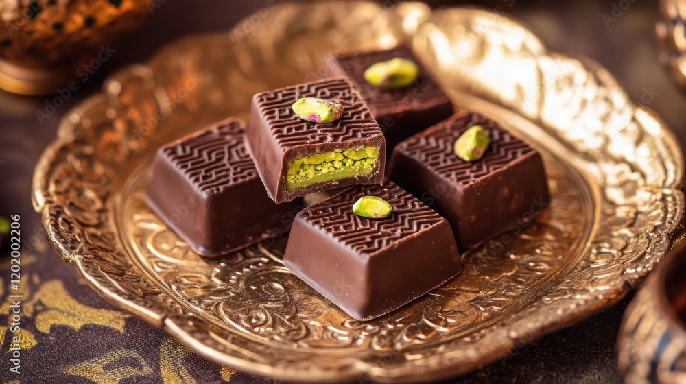 Poster delightful chocolate with pistachio filling served on a golden plate with intricate arabic patterns.