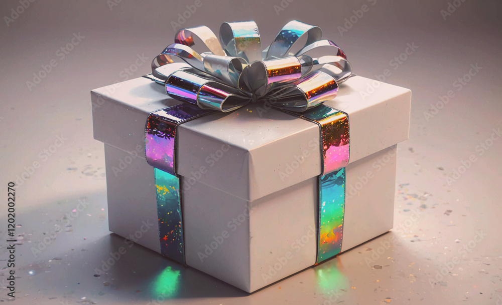Poster A white box with a silver ribbon on top of it. The ribbon is shiny and colorful. The box is placed on a table