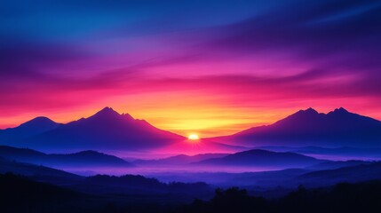Obraz premium Vibrant mountains at sunrise, a vivid display of colors in the morning sky, showing a peaceful landscape with a captivating light and a dreamy atmosphere