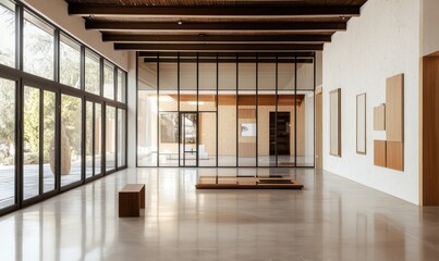 Modern Gallery Interior with Glass Walls and Artwork