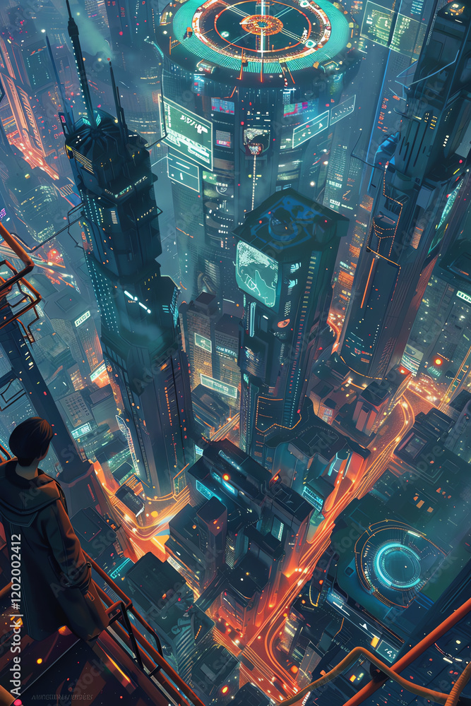 Aufkleber transform a futuristic cityscape with sleek, holographic interfaces in a digital rendering style add