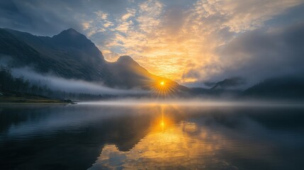 Obraz premium A beautiful mountain range with a sun setting in the background