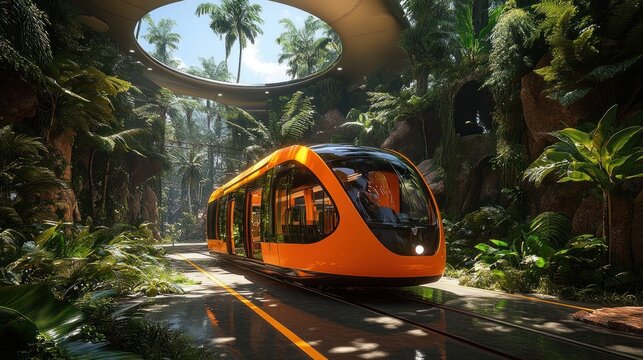 Futuristic orange train in lush tropical jungle environment.