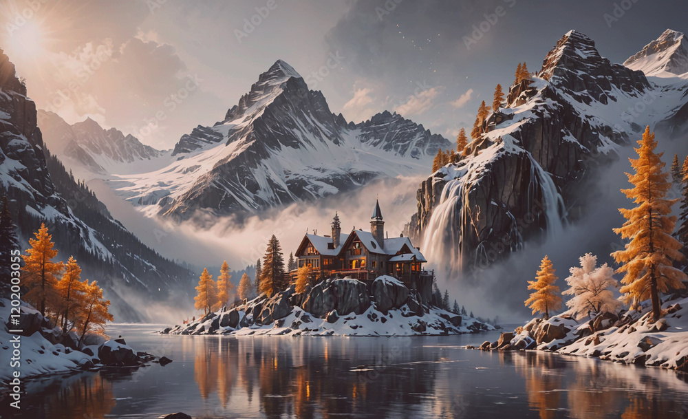 Poster a mountain range with a small village in the middle. the village is surrounded by snow and trees