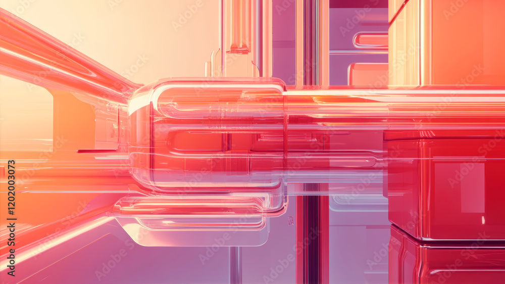 Poster exploring an ultra futurist tech environment featuring vibrant colors and abstract shapes