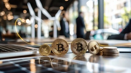 pension security strategy concept. A collection of gold cryptocurrency coins on a table with a modern workspace background.