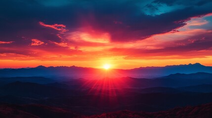 Fototapeta premium Vibrant sunset over distant mountains casting warm hues across the sky and silhouetting the majestic landscape below during golden hour