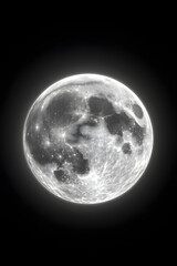 Fototapeta premium Monochrome illuminated full moon, lunar craters, glowing surface, isolated black background