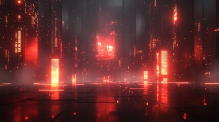 Fototapeta premium Futuristic red city at night with glowing structures and fog.