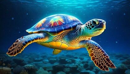 Fototapeta premium cartoon-style turtle with a glowing shell, swimming in clear