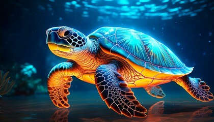 cartoon-style turtle with a glowing shell, swimming in clear