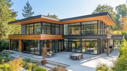 Fototapeta premium Modern Glass House Architectural Design Landscape