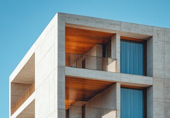 Modern Architectural Design Featuring Clean Lines, Flat Surfaces, and Natural Wood Elements in a Contemporary Building Against a Clear Blue Sky