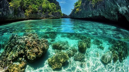 Tropical lagoon, underwater coral reef, clear water, limestone cliffs, island paradise, travel brochure