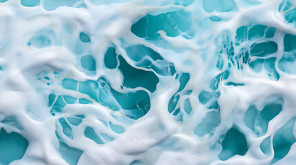 Obraz premium Abstract close-up of white foam and teal liquid creating dynamic patterns and bubbles.