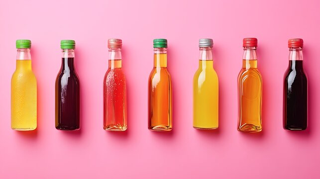 A selection of bottled condiments placed symmetrically on a vibrant pink background