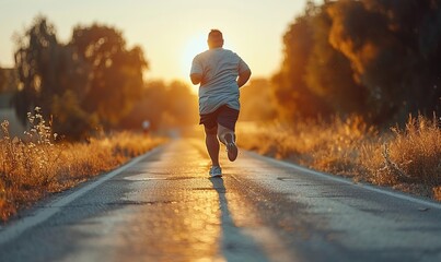 A very fat guy runs down the road 