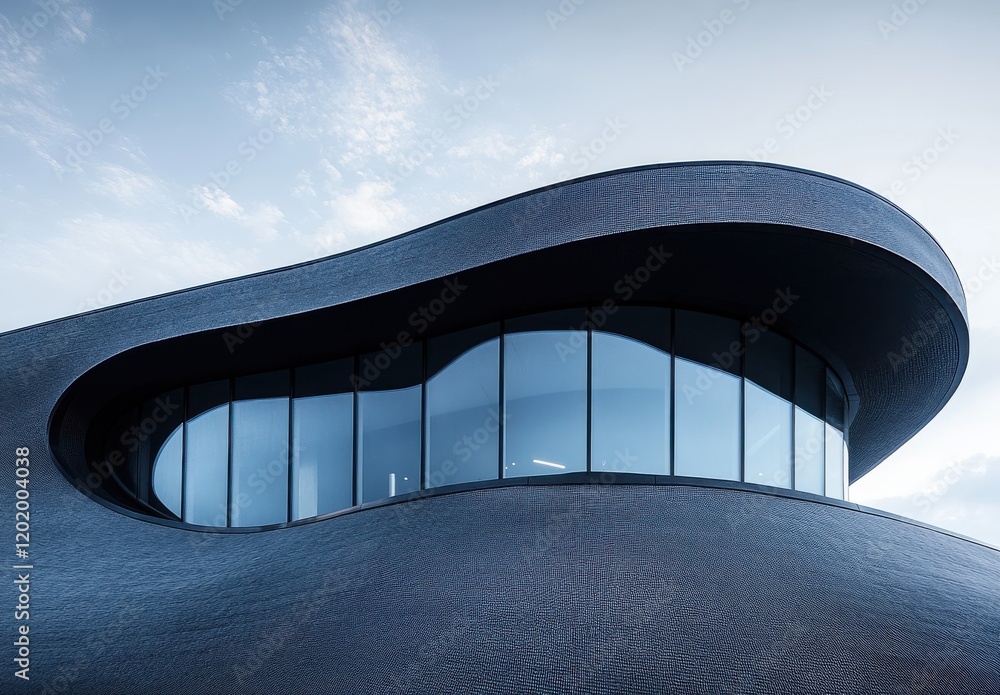 Poster modern architectural design featuring curved facade and large windows against a cloudy sky, showcasi