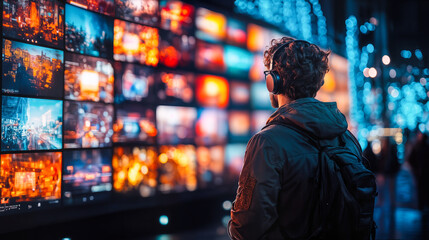 Man Engaging with Digital Visual Content on Interactive Wall in Urban Environment