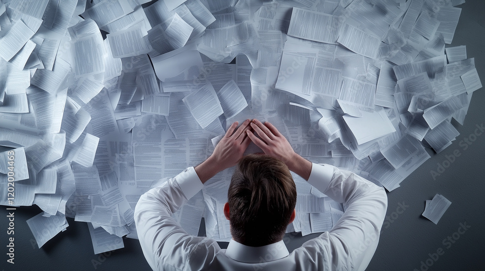 Poster overwhelmed man holding his head while surrounded by scattered sheets of paper in a chaotic workspac