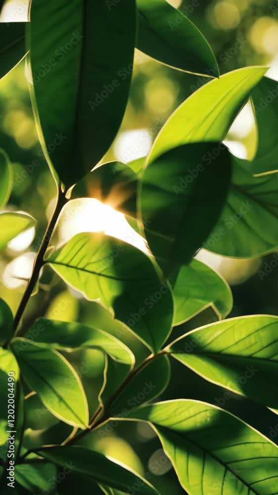 Poster sunlight filters through lush green leaves creating a serene natural setting in a forest during the 
