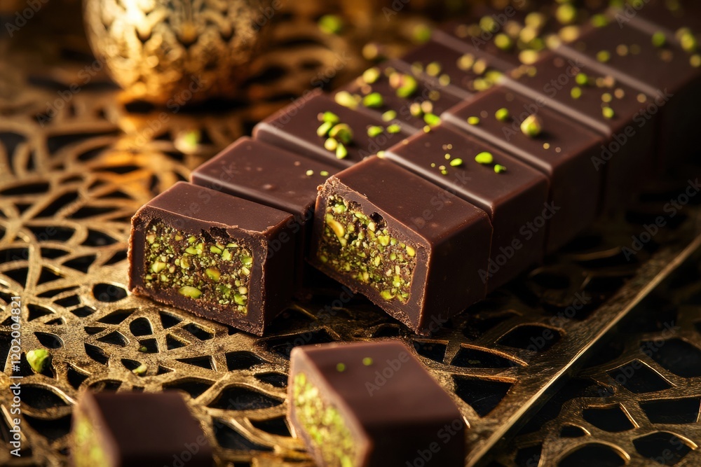 Poster indulgent chocolate bar filled with rich pistachio paste showcasing elegant design and texture. gene