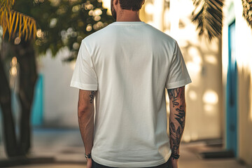 white tshirt mockup, the model is stylish man with arm tattoo, standing wearing white shirt style, tshirt mock up, back  view, no face, Florida background