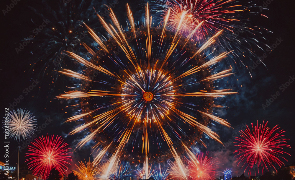 Poster a fireworks display with a large circle of red, yellow, and blue fireworks. the fireworks are lit up