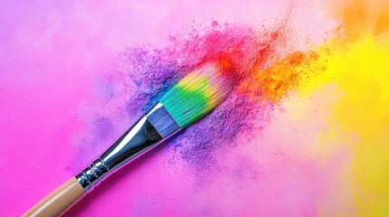 Paintbrush in vibrant rainbow powder explosion.