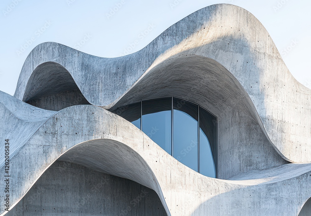 Poster modern architectural design featuring fluid concrete forms and curved structures in urban environmen