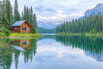 Obraz premium A lakeside cabin surrounded by tall pines and still waters reflecting soft clouds