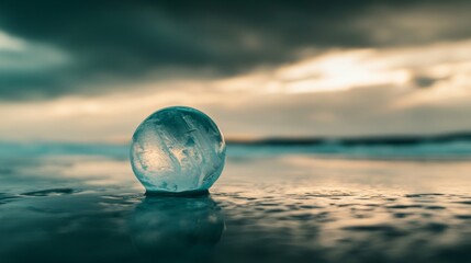 Large icy hailstone falling onto flat surface, glistening with water droplets, against a stormy sky backdrop. Natural beauty of perfectly round hailstone in motion.	