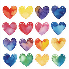 Fototapeta premium Colorful watercolor hearts in a grid pattern showcasing vibrant hues and artistic flair for creative projects
