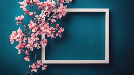 Frame on a dark blue background with light pink cherry blossom branch, vintage minimalism, aerial view, bright backgrounds, symmetrical arrangement, spring theme
