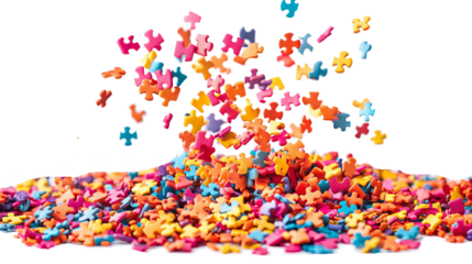 Puzzle Pieces Falling from the Top: A Creative Visual of Disintegration Against a White Background