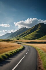 there is a long road going through a field with mountains in the background