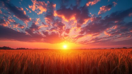 Fototapeta premium Golden Hour Symphony: A vibrant sunset paints a wheat field in fiery hues under a dramatic sky with unique cloud patterns