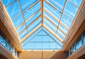 Obraz premium Modern Architectural Design Featuring Glass Roof With Wooden Framework in Bright Sunlight, Creating an Inviting and Airy Atmosphere for Contemporary Spaces