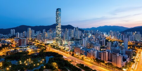 Obraz premium Urban Skyline at Twilight with Mountains