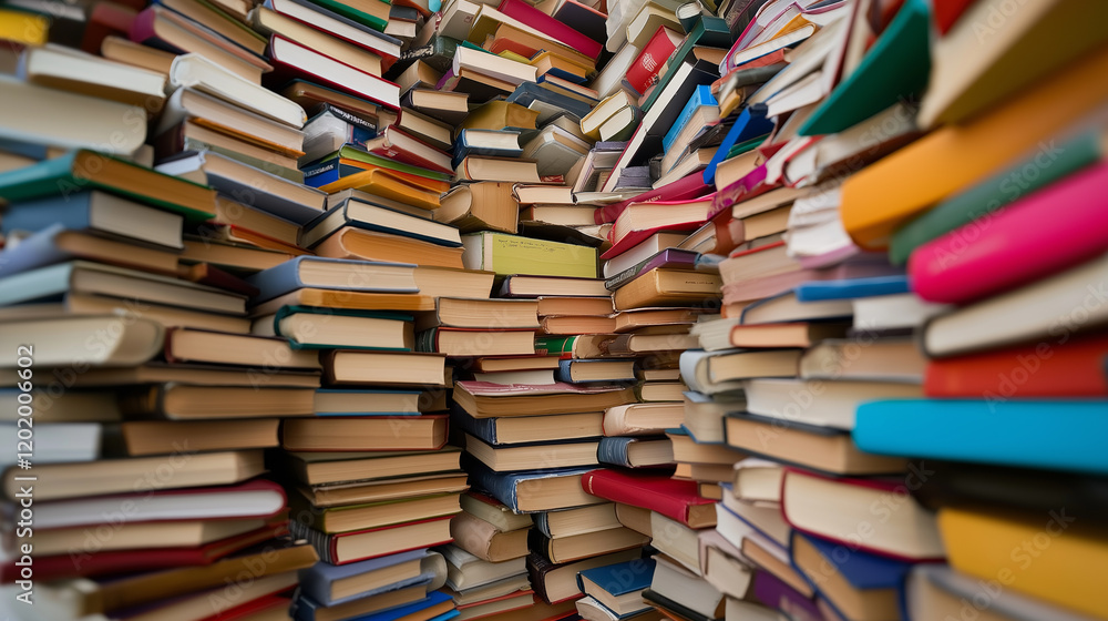 Poster towering stacks of colorful books tightly packed together, creating a chaotic and immersive library 