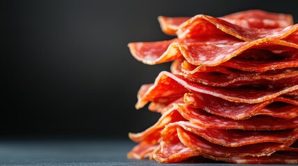 This close-up image captures delectably arranged layers of salami that showcase their rich colors and textures, destined to elevate any culinary experience.