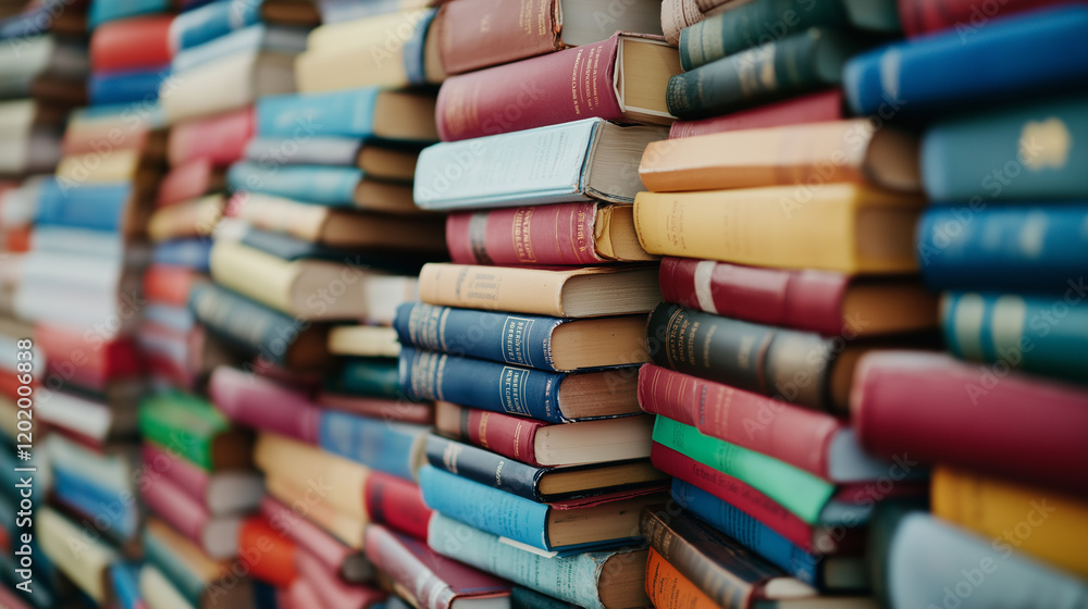 Aufkleber towering stacks of colorful books tightly packed together, creating a chaotic and immersive library 