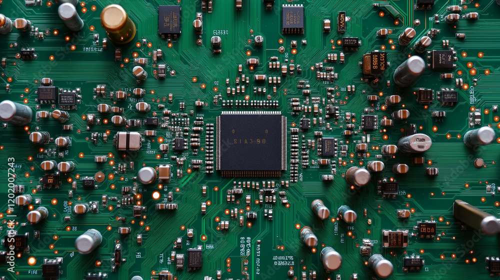 Poster close-up of a green circuit board with glowing lights and visible electronic components, showcasing 