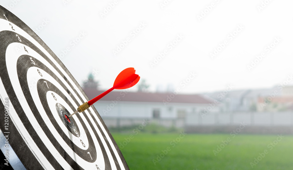 Poster red arrow on target board with playing field background